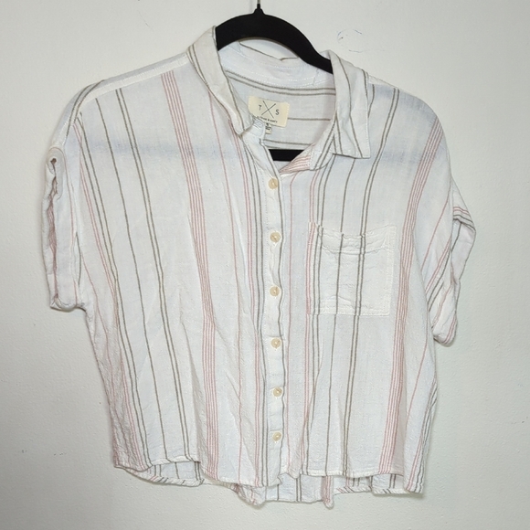 Thread & Supply Striped Sheer Button-up Blouse Linen-Rayon Blend Women's Size S - Picture 1 of 4